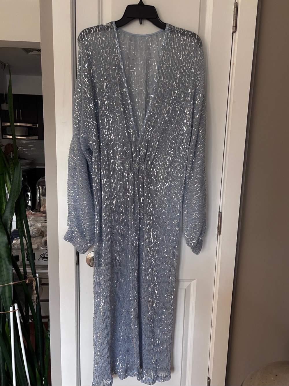 batwing sleeve Blue maxi Sequin dress S